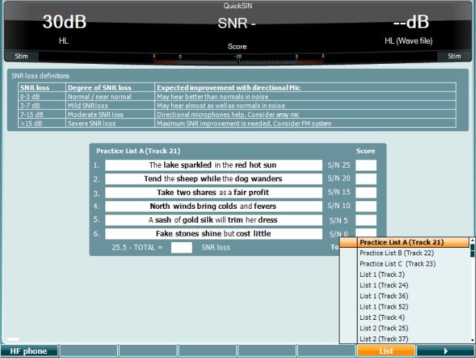 QuickSIN test screen, displaying available wordlists to choose from