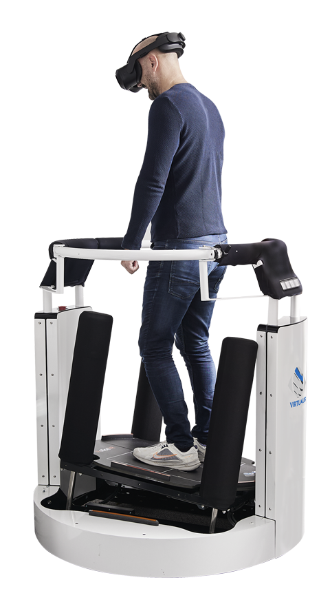 Patient stood in the MotionVR computerized dynamic posturography (CDP) system. The force plate is tilting upward.