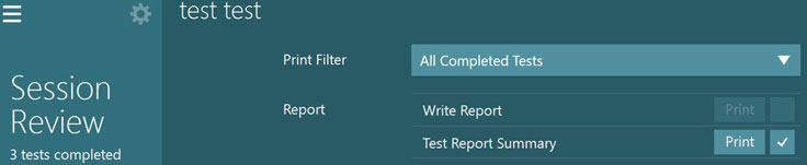 The following options are available. First, print filter, which is set to all completed tests. Second, write report. Third, test report summary.