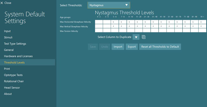 Data matrix for age groups 0 to 2, 3 to 4, 5 to 6, 7 to 8, 9 to 10, 11 to 20, 21 to 30, 31 to 40, 41 to 50, 51 to 60, 61 to 70, 71 to 80, 81 to 90, and 91 plus. For each age group, you can edit the max horizontal slow phase velocity, the max vertical slow phase velocity, and the max torsional velocity. The following options are also available: select column to duplicate, save, undo, import, export, and reset all thresholds to default.
