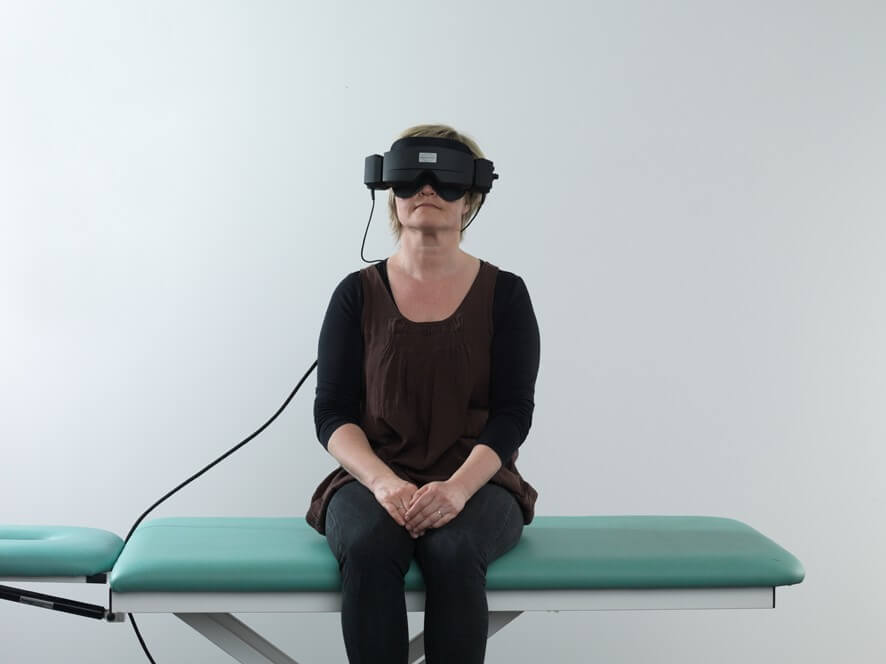 For accurate and data-driven testing, the patient is wearing VisualEyes™ VNG goggles.