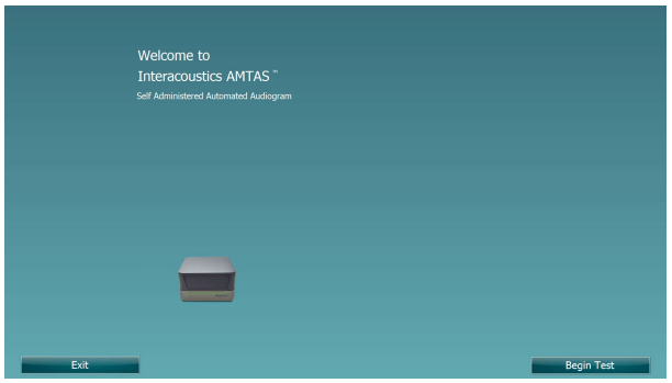 Welcome screen, with the options 'exit' and 'begin test' available. The text on this screen says 'Welcome to Interacoustics AMTAS. Self Administered Automated Audiogram'.