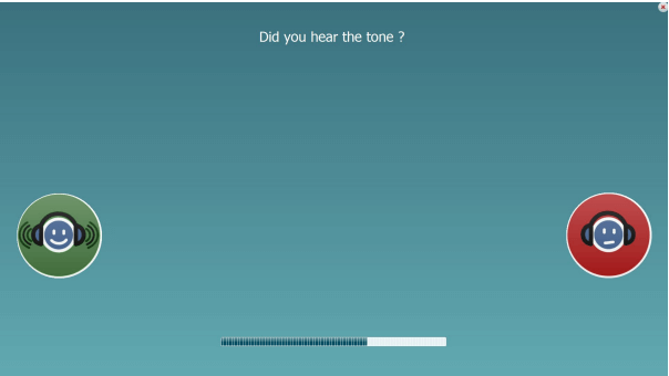 IA-AMTAS test screen, displaying the following question: Did you hear the tone? There are two responses available to this question, a green icon with a smiling emoji, indicating a 'yes' answer, and a red icon with a visible displeased emoji, indicating a 'no' answer. A bar toward the bottom shows the amount of time available to enter a response. And there is a red cross in the top right corner.