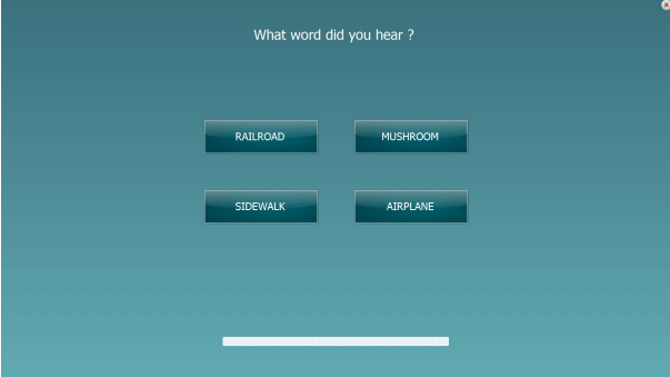 Speech audiometry test screen, with the question: What word did you hear? The following responses are available: railroad, mushroom, sidewalk, and airplane.