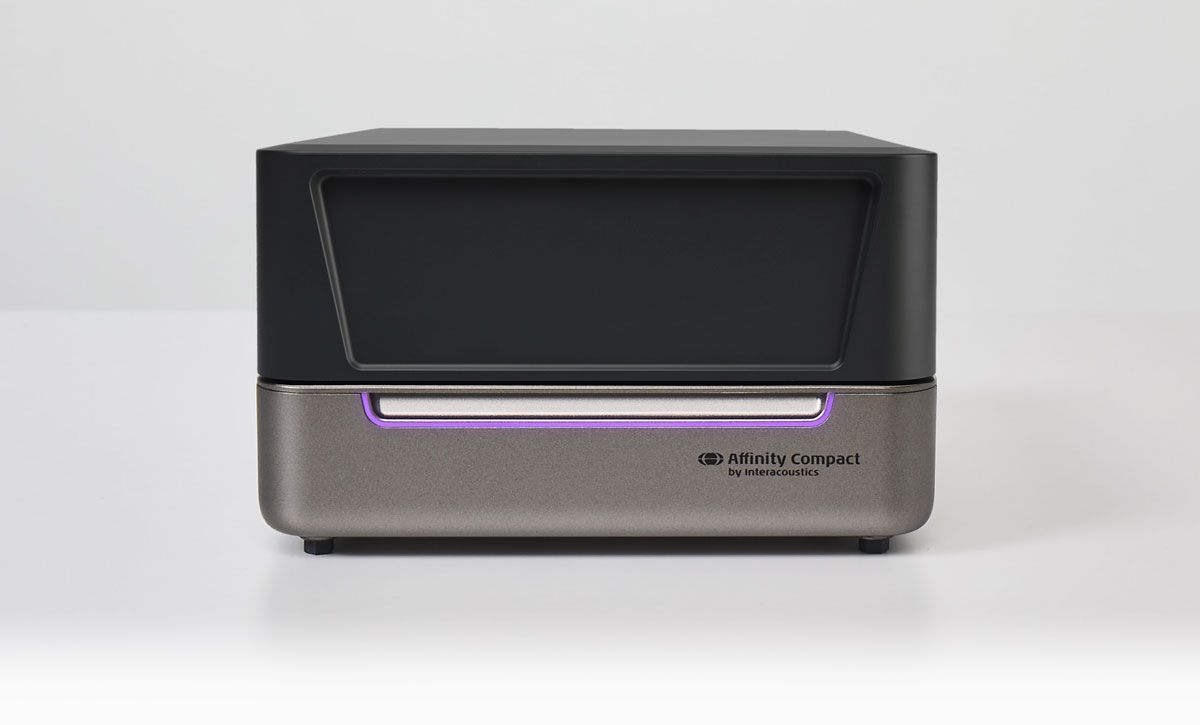 Version four of Affinity Compact. Closed test box with a purple light on the front of the unit.