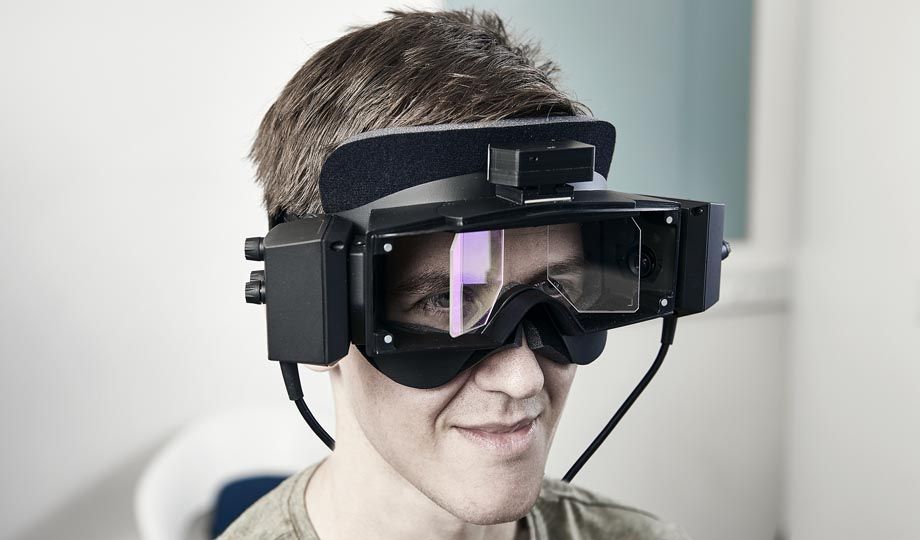 Young man wearing VNG goggles with side mounted cameras and foam inserts