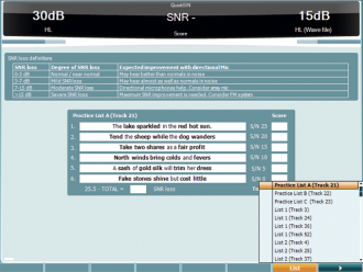 QuickSIN software screen, showing where to choose between the available wordlists.