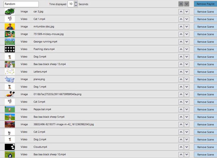 The playlist consists of a mix of images and videos, labeled as scenes, twenty in total. The images are either in the jpg or png formats. The videos are in the mp4 format. Each image or video in the playlist is set to be displayed for 10 seconds. The user can remove the playlist, remove scenes, or change the order of the scenes using up and down arrows. In this example, the images are the following: Car, Mr. Tumble, Mickey Mouse, and a plane. The videos are the following: Cat, George running, flashing stars, dog, baa baa black sheep, letters, Peppa Pig, and clouds.