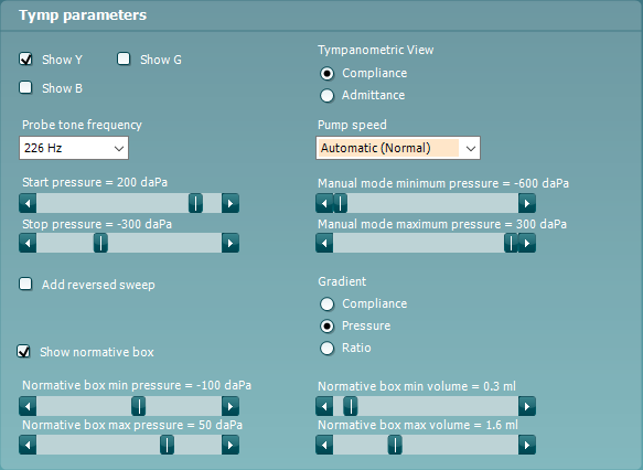 The following options are available. You can show Y, B, or G. Probe tone frequency. Start pressure. Stop pressure. Add reversed sweep. Show normative box. Normative box min pressure. Normative box max pressure. The tympanometric view can either be compliance or admittance. Pump speed, which is set to automatic in this example. Manual mode minimum pressure. Manual mode maximum pressure. Gradient, which can be compliance, pressure, or ratio. Normative box min volume. And finally, normative box max volume.