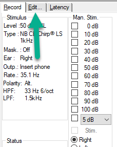 Three tabs available: Record, edit, and latency. A green arrow is pointing toward the edit tab.