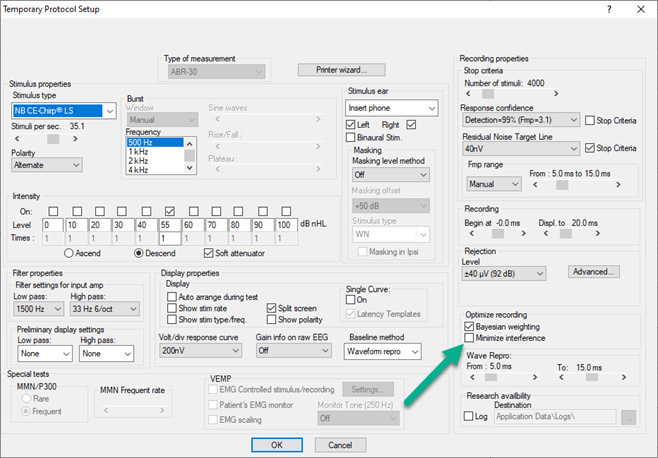 Temporary protocol setup with many options to tweak the protocol. Under ‘Optimize recording’, there are the options to enable Bayesian weighting and the minimize interference function.