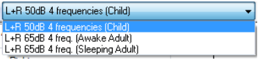 Drop down list with three different ASSR test protocols. Firstly: L+R 50 dB, 4 frequencies, child. Secondly: L+R 65 dB, 4 frequencies, awake adult. Thirdly: L+R 65 dB, 4 frequencies, sleeping adult.