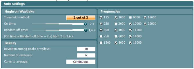A list of settings for the Hughson-Westlake procedure and Békésy audiometry. For both tests, the following frequencies are ticked: 125, 250, 500, 2000, 4000, 8000, 10000, 11200, 140000, 16000, 18000, and 20000 Hz. For Hughson-Westlake, the threshold method is set to 2 out of 3. On time is set to two seconds. Random off time is set to 1.6 seconds. For Békésy, the devation among peaks or valleys is set to 10. The number of reversals is set to 6. And the curve to average is set to continuous.