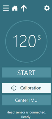 Calibration selection for VORTEQ sensor. The following is displayed: 120 seconds, start button, calibration button, center imu button, and a message which says: ‘Head sensor is connected. Ready!’.