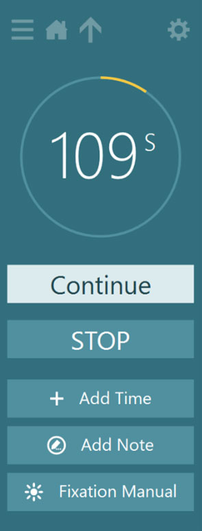 Counter is down to 109 seconds from 120, visible by a portion of the circle around marked yellow. There are five options available: continue, stop, add time, add note, and fixation manual.