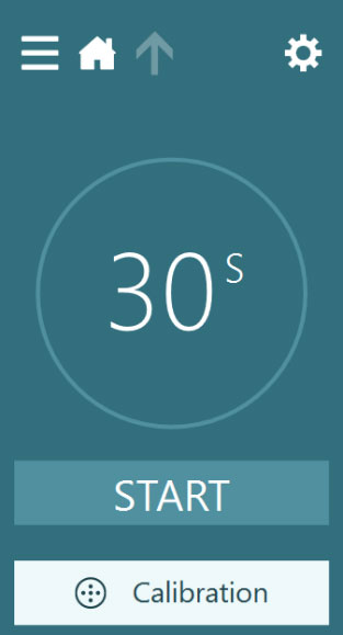 Menu, including burger menu icon, home icon, up arrow, cog, start button, and calibration button. 30s in a large font size in the middle of the menu.