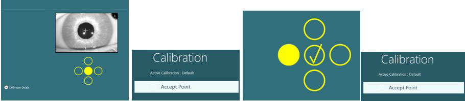 ESC vHIT calibration underway, shown in the following sequence: 1) Solid yellow dot in the center position. 2) Accept Point option. 3) Yellow checkmark in the center position, and solid yellow dot in the left position. 4) Accept Point option.
