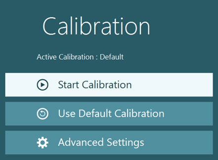 Calibration options, including start calibration, use default calibration, and advanced settings.