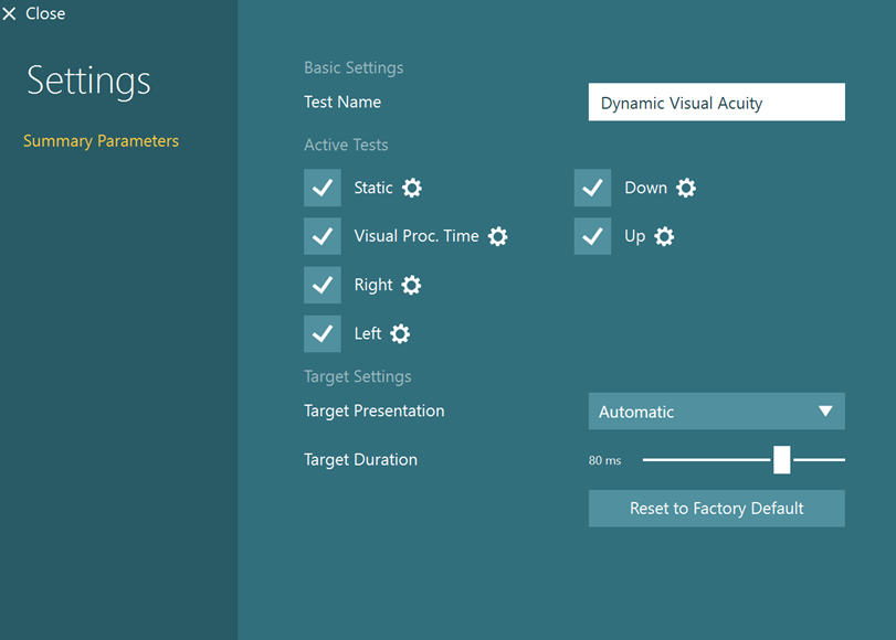 The user can activate the following tests in the DVA protocol: Static, Visual Processing Time, Right, Left, Down, and Up. It is also possible to toggle the target presentation between automatic and manual and to increase or decrease the target duration.