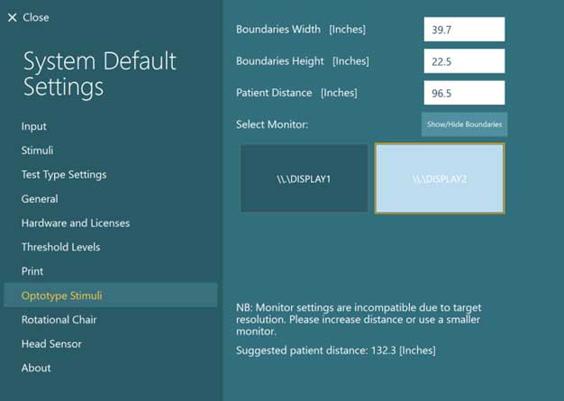 The following options are available, using inches when applicable: boundaries width, boundaries height, patient distance, option to show or hide boundaries, and select monitor. In the select monitor option, display 1 and display 2 are available to choose.