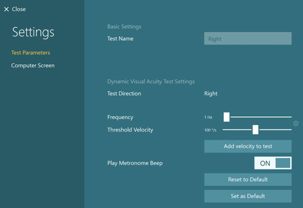The following options are available: test name, which is set to Right. Test direction, which is set to Right. Frequency, which is set to 1 Hz, using a slider. Threshold velocity, which is set to 100 degrees per second, using a slider. Play metronome beep, which is set to ON. Finally, there are three buttons to Add velocity to test, Reset to Default, and Set as Default.