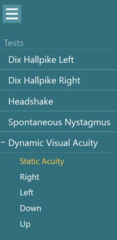Drop-down test menu, including Dix Hallpike left, Dix Hallpike right, headshake, spontaneous nystagmus, and dynamic visual acuity. Under dynamic visual acuity, there are five available options: static acuity, right, left, down, and up. Static acuity is highlighted in yellow.
