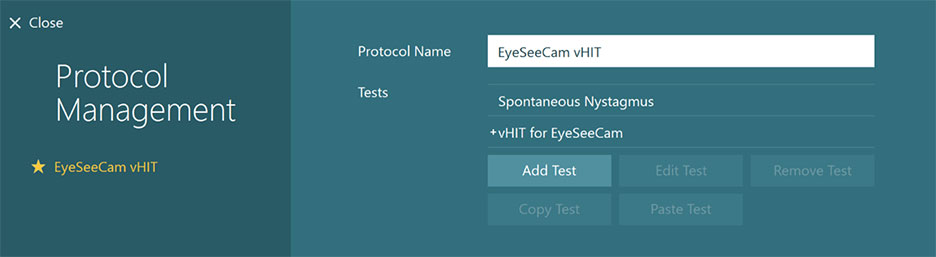 Protocol management screen. Protocol name is 'EyeSeeCam vHIT'. Two available tests: spontaneous nystagmus and vHIT for EyeSeeCam. There is a button available to add a test. There are four greyed out buttons, including: edit test, remove test, copy test, and paste test.