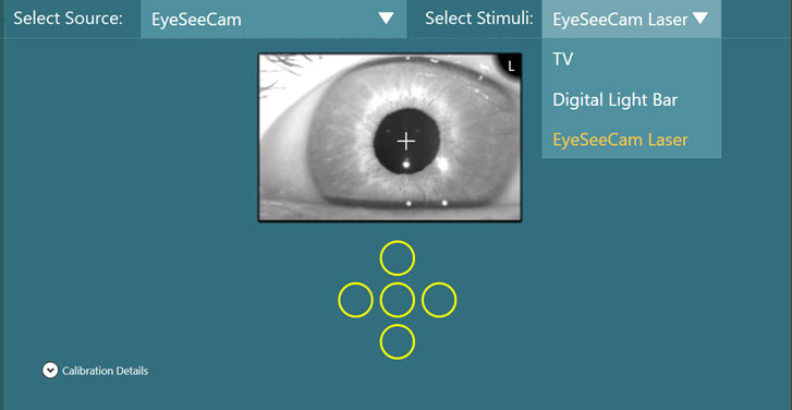 vHIT calibration screen, demonstrating stimuli source drop down list with three available options: TV, digital light bar or EyeSeeCam laser.