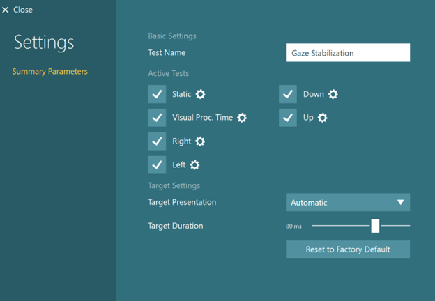 The user can activate the following tests in the GST protocol: Static, Visual Processing Time, Right, Left, Down, and Up. It is also possible to toggle the target presentation between automatic and manual and to increase or decrease the target duration.