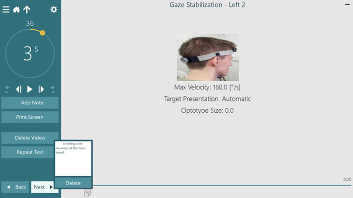 The user has added the following note: The patient is feeling a bit nauseous at this head speed.
