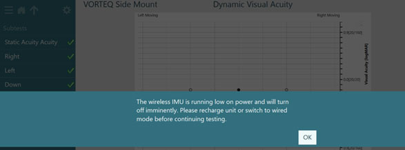 The error message states the following: ‘The wireless IMU is running low on power and will turn off imminently. Please recharge unit or switch to wired mode before continuing testing’.
