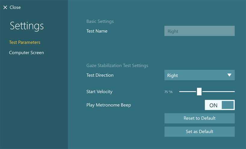 The following options are available: test name, which is set to Right. Test direction, which is set to Right. Start velocity, which is set to 75 degrees per second, using a slider. Play metronome beep, which is set to ON. Finally, there are two buttons to Reset to Default, and Set as Default.