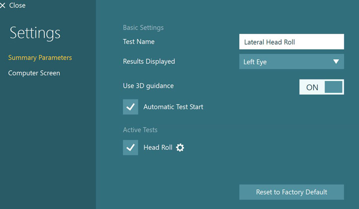 Summary Parameters screen for Lateral Head Roll, including the option to enable or disable Automatic Test Start.