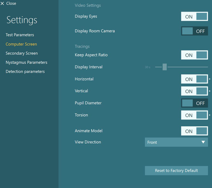 The settings are divided into two sections: Video Settings and Tracings. Under Video Settings, the user can toggle Display Eyes and Display Room Camera on or off. Under Tracings, the following can be toggled on or off: Keep Aspect Ratio, Horizontal, Vertical, Pupil Diameter, Torsion, and Animate Model. Display Interval in seconds can be adjusted with a slider. View Direction is set to Front and can be adjusted via a drop down menu.