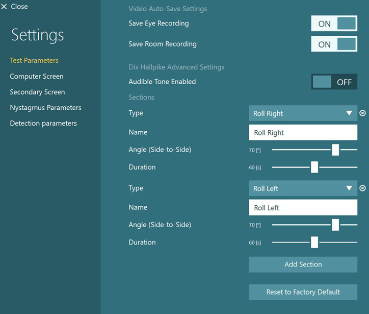 In this example, the user has two test sections in this order: Roll Right and Roll Left. For both test sections, the angle is set to 70 degrees (side-to-side) and the duration is set to 60 seconds. Both these parameters can be adjusted using a slider.