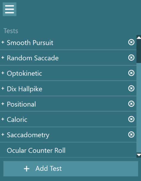 List of tests, including smooth pursuit, random saccade, optokinetic, Dix Hallpike, positional, caloric, saccadometry, and ocular counter roll.