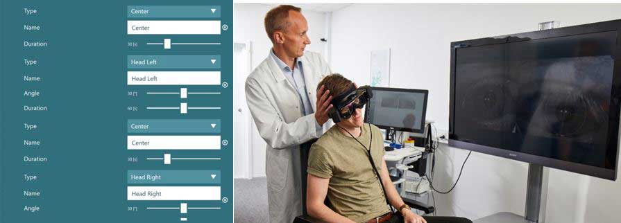 Male clinician stood behind male patient, holding the patient’s head in a 30-degree angle to the right.