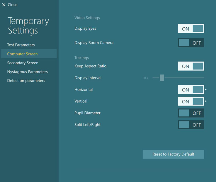 The ability to toggle Pupil Diameter on or off is located in the Computer Screen tab under Temporary Settings.