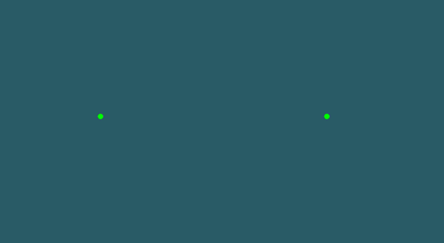 The stimuli are two green dots toward the left and the right on a dark teal screen.