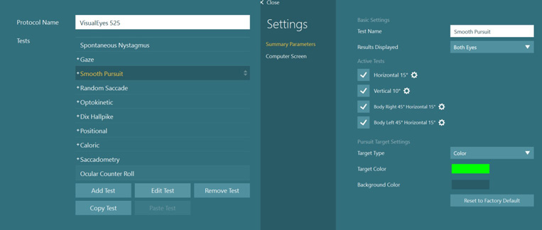 In addition to body right and body left, the smooth pursuit protocol has the following options. A dropdown menu to choose how the results are displayed, currently set to both eyes in this example. Enable or disable the normal horizontal and vertical smooth pursuit tests. A dropdown menu to choose the target type, currently set to color. Options to change the target and background colors. And finally, the option to reset the settings to factory default.