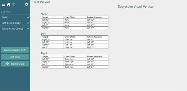 Results overview for static SVV and dynamic SVV, including the three subtests static, left 4 cm 300 dps, and right 4 cm 300 dps. For each of the subtests, a table shows target position, chair offset, and the patient's response.