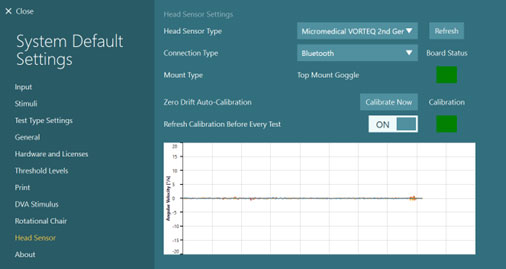 Head sensor settings under system default settings. The following settings are visible: head sensor type, connection type, mount type, zero drift auto-calibration, and refresh calibration before every test. Head sensor type is set to Micromedical VORTEQ second gen. Connection type is set to Bluetooth. Mount type is set to top mount goggle. And refresh calibration before every test is set to on.
