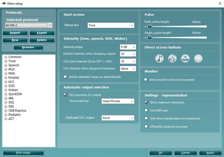 A list of tests are available to the left, with other options to the right under the following headings: Start screen, Intensity, Automatic output selection, Pulse, Direct access buttons, Monitor, and Settings – representation.