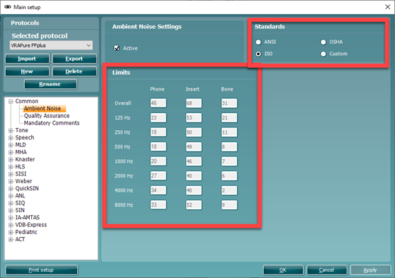 Toggling between the ANSI, OSHA, ISO, or Custom standards auto-populates the dB limit per transducer at individual frequencies.