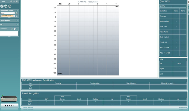 Displays an audiogram with dB HL as a function of kHz, alongside data charts for quality indicators, pure tone average, audiogram classification, and speech recognition.