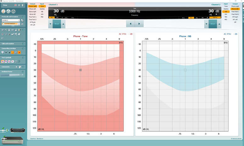 Equinox Evo pure tone audiometry test screen, including many options and settings toward the left, while the majority of the screen is occupied by audiograms for the right and left ears, above which the user can alter or do the following for channels 1 and 2: Output, input, level, and stimuli presentation.