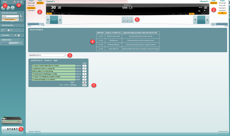 The test screen displays many items. The main items are output and input selection for channels 1 and 2, stimuli level increase or decrease for channels 1 and 2, stimuli presentation for channels 1 and 2, QuickSIN scoring as in words correct from 0 to 5, SNR loss definitions, word list selection, and the QuickSIN results.