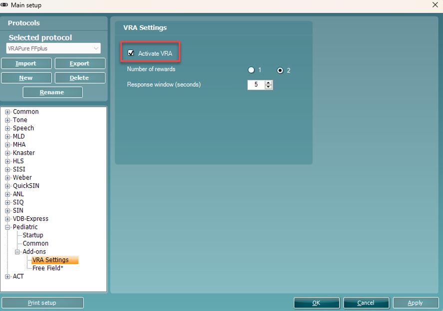 The following VRA settings are available. Activate or deactivate VRA. Choose between 1 or 2 rewards. Set the response window in seconds.