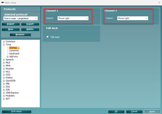 In this example, the output for both channels is set to phone right.