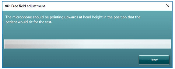 Message box that states the following: The microphone should be pointing upwards at head height in the position that the patient would sit for the test. In the lower right corner, there is a 'Start' button.